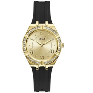 Montre femme Guess 36 mm réf. GW0034L1, cadran doré, bracelet silicone, mouvement quartz – vue de face | Horlova Maroc