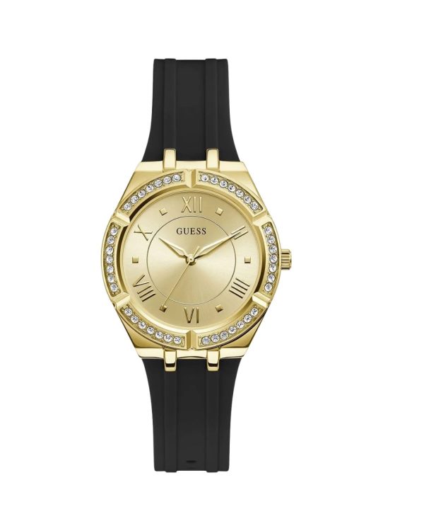 Montre femme Guess 36 mm réf. GW0034L1, cadran doré, bracelet silicone, mouvement quartz – vue de face | Horlova Maroc