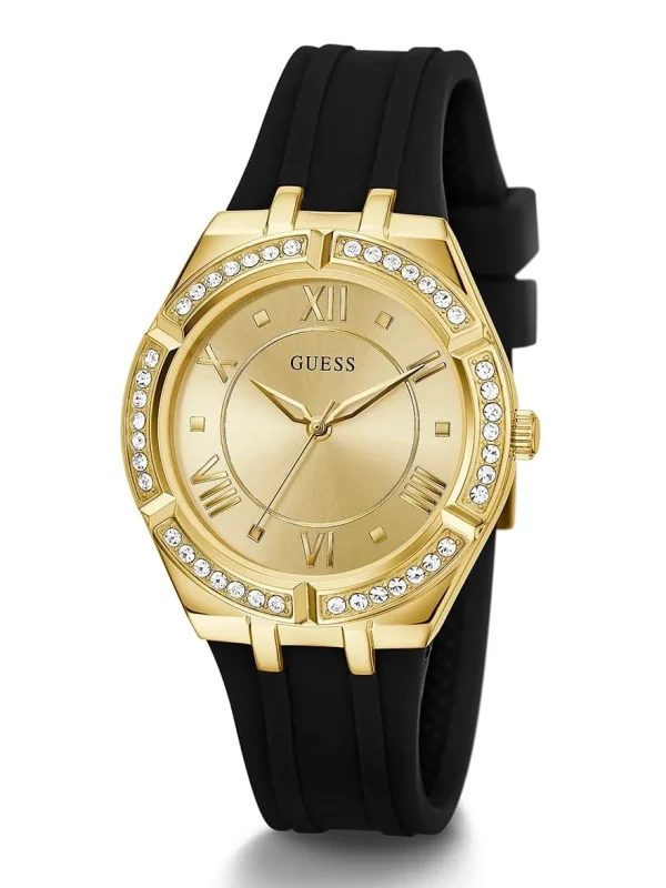 Montre femme Guess 36 mm réf. GW0034L1, cadran doré, bracelet silicone – vue de trois-quarts