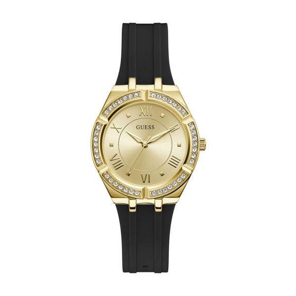 Montre femme Guess 36 mm réf. GW0034L1, cadran doré, bracelet silicone, mouvement quartz – autre angle