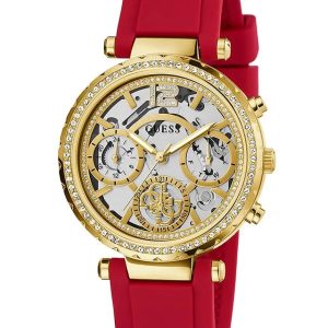 Montre femme Guess 36 mm réf. GW0484L1, cadran squelette, bracelet silicone, mouvement quartz chronographe – vue de face | Horlova Maroc