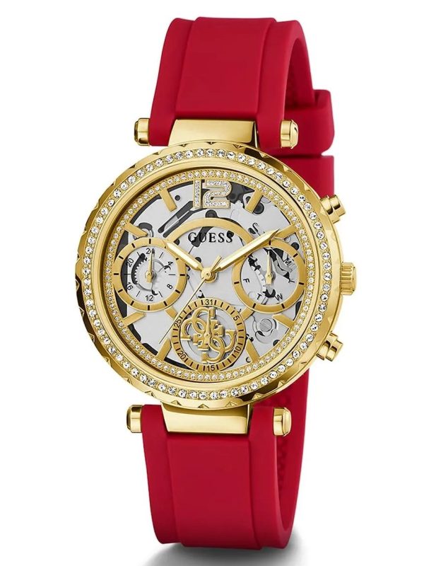 Montre femme Guess 36 mm réf. GW0484L1, cadran squelette, bracelet silicone, mouvement quartz chronographe – vue de face | Horlova Maroc