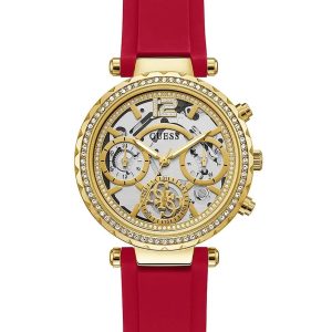 Montre femme Guess 36 mm réf. GW0484L1, cadran squelette, bracelet silicone – vue de trois-quarts