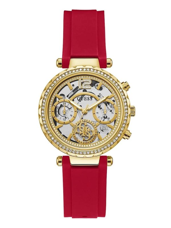 Montre femme Guess 36 mm réf. GW0484L1, cadran squelette, bracelet silicone – vue de trois-quarts