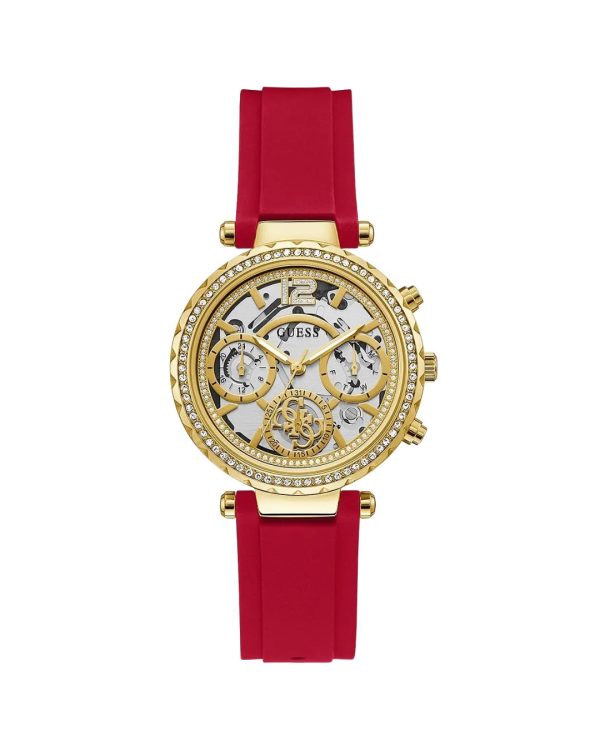 Montre femme Guess 36 mm réf. GW0484L1, cadran squelette, bracelet silicone, mouvement quartz chronographe – autre angle