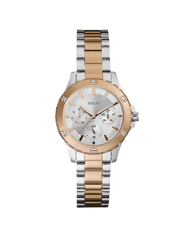 Montre femme Guess 45 mm réf. W0443L4, cadran gris, bracelet acier, mouvement quartz – vue de face | Horlova Maroc