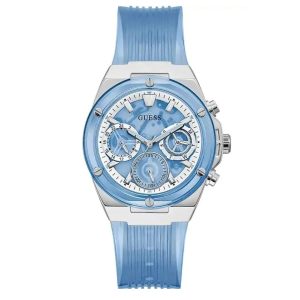 Montre femme Guess Athena 39 mm réf. GW0409L1, cadran bleu, bracelet silicone, mouvement quartz – vue de face | Horlova Maroc