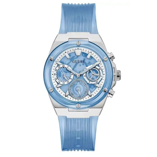 Montre femme Guess Athena 39 mm réf. GW0409L1, cadran bleu, bracelet silicone, mouvement quartz – vue de face | Horlova Maroc