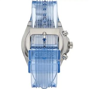 Montre femme Guess Athena 39 mm réf. GW0409L1, cadran bleu, bracelet silicone – vue de trois-quarts