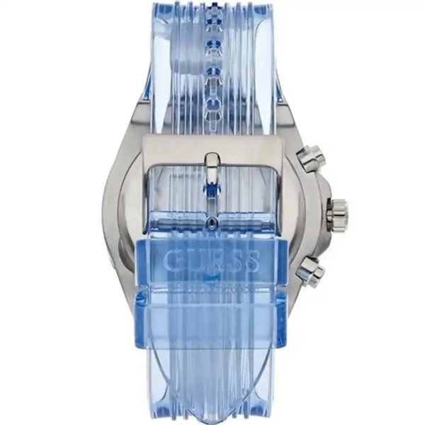 Montre femme Guess Athena 39 mm réf. GW0409L1, cadran bleu, bracelet silicone – vue de trois-quarts