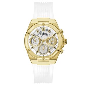 Montre femme Guess Athena 39 mm réf. GW0409L2, cadran argenté, bracelet silicone, mouvement quartz – vue de face | Horlova Maroc