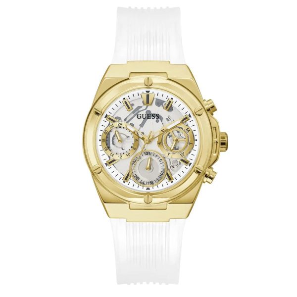 Montre femme Guess Athena 39 mm réf. GW0409L2, cadran argenté, bracelet silicone, mouvement quartz – vue de face | Horlova Maroc