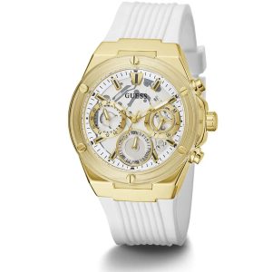 Montre femme Guess Athena 39 mm réf. GW0409L2, cadran argenté, bracelet silicone – vue de trois-quarts