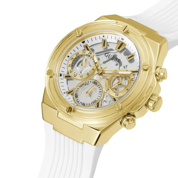 Montre femme Guess Athena 39 mm réf. GW0409L2, cadran argenté, bracelet silicone – vue rapprochée
