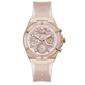 Montre femme Guess Athena 39 mm réf. GW0409L3, cadran rose, bracelet silicone, mouvement quartz – vue de face | Horlova Maroc