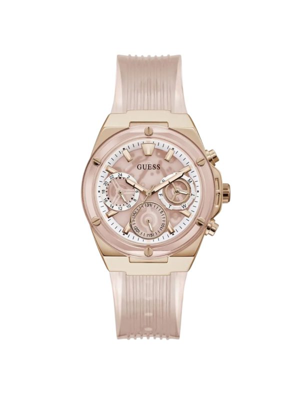 Montre femme Guess Athena 39 mm réf. GW0409L3, cadran rose, bracelet silicone, mouvement quartz – vue de face | Horlova Maroc