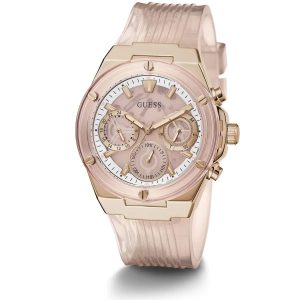 Montre femme Guess Athena 39 mm réf. GW0409L3, cadran rose, bracelet silicone – vue de trois-quarts