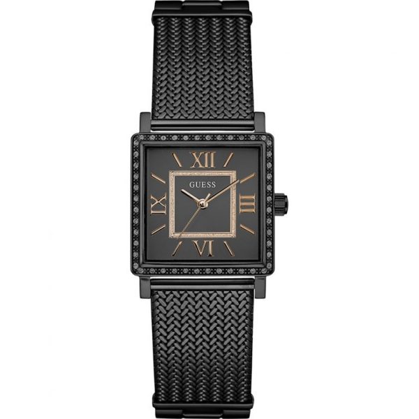 Montre femme Guess Black réf. W0826L4, cadran gris, bracelet acier, mouvement quartz – vue de face | Horlova Maroc