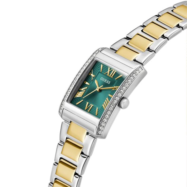 Montre femme Guess Bonnie 27 mm réf. GW0874L2, cadran vert, bracelet acier – vue de trois-quarts