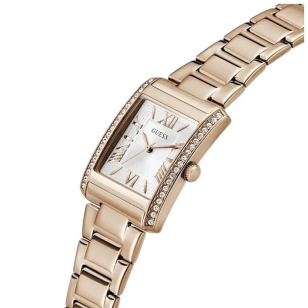 Montre femme Guess Bonnie 27 mm réf. GW0874L3, cadran blanc, bracelet acier – vue de trois-quarts