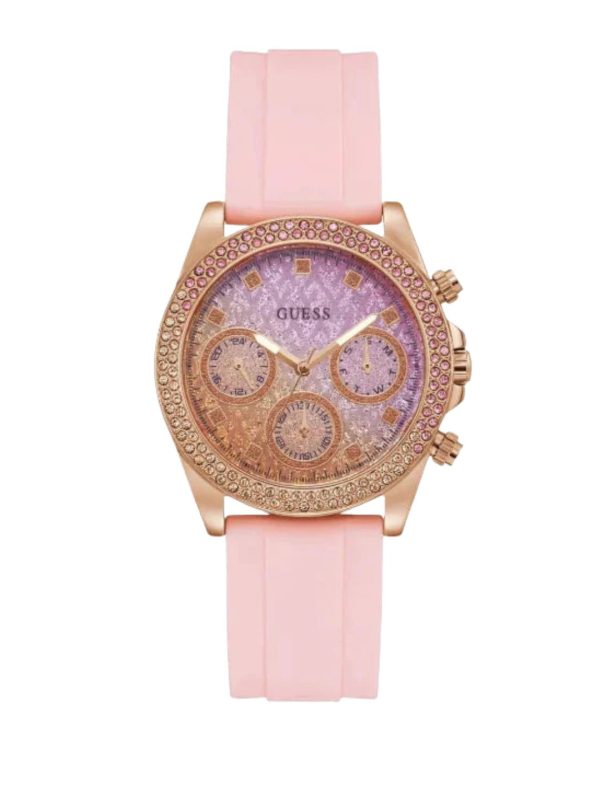 Montre femme Guess Brillant 38 mm réf. GW0032L4, cadran rose, bracelet silicone, mouvement quartz – vue de face | Horlova Maroc