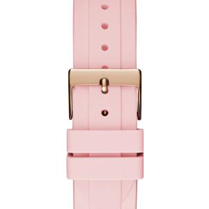 Montre femme Guess Brillant 38 mm réf. GW0032L4, cadran rose, bracelet silicone – vue de trois-quarts