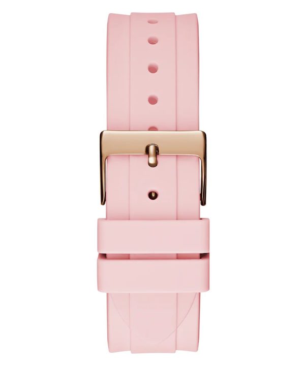 Montre femme Guess Brillant 38 mm réf. GW0032L4, cadran rose, bracelet silicone – vue de trois-quarts