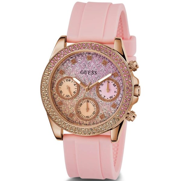 Montre femme Guess Brillant 38 mm réf. GW0032L4, cadran rose, bracelet silicone – vue rapprochée