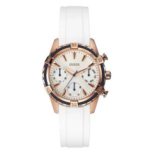 Montre femme Guess Catalina 37 mm réf. W0562L1, cadran blanc, bracelet silicone, mouvement quartz – vue de face | Horlova Maroc