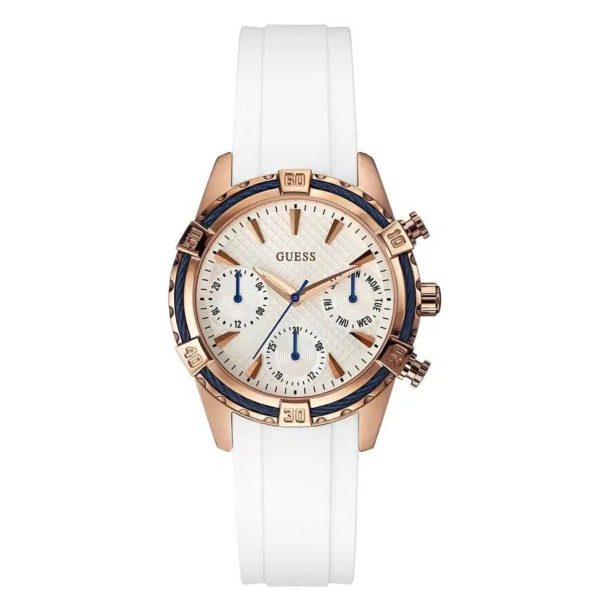 Montre femme Guess Catalina 37 mm réf. W0562L1, cadran blanc, bracelet silicone, mouvement quartz – vue de face | Horlova Maroc