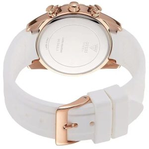 Montre femme Guess Catalina 37 mm réf. W0562L1, cadran blanc, bracelet silicone – vue de trois-quarts