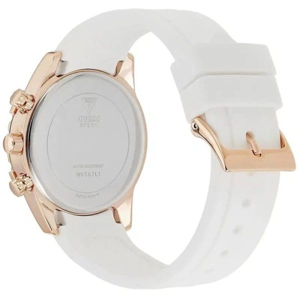 Montre femme Guess Catalina 37 mm réf. W0562L1, cadran blanc, bracelet silicone – autre angle