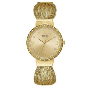 Montre femme Guess Chiffon 38 mm réf. W1083L2, cadran doré, bracelet acier, mouvement quartz – vue de face | Horlova Maroc
