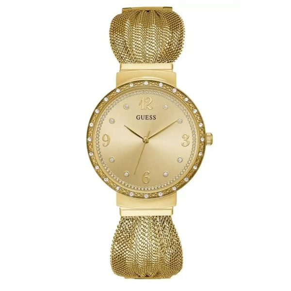 Montre femme Guess Chiffon 38 mm réf. W1083L2, cadran doré, bracelet acier, mouvement quartz – vue de face | Horlova Maroc