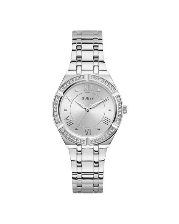 Montre femme Guess Cosmo Diamonds 36 mm réf. GW0033L1, cadran argenté, bracelet acier, mouvement quartz – vue de face | Horlova Maroc