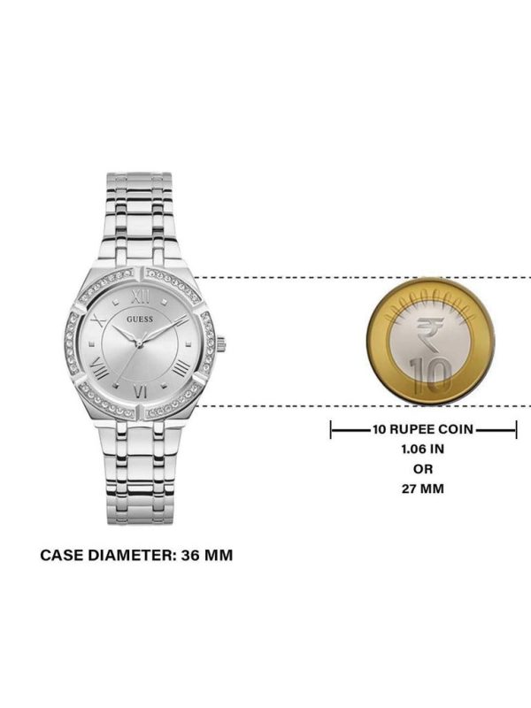 Montre femme Guess Cosmo Diamonds 36 mm réf. GW0033L1, cadran argenté, bracelet acier – autre angle