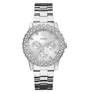Montre femme Guess Dazzler 40 mm réf. W0335L1, cadran argenté, bracelet acier, mouvement quartz – vue de face | Horlova Maroc