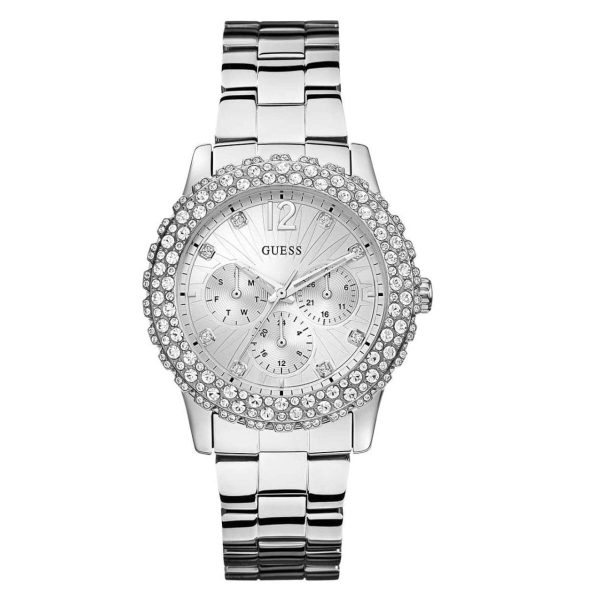 Montre femme Guess Dazzler 40 mm réf. W0335L1, cadran argenté, bracelet acier, mouvement quartz – vue de face | Horlova Maroc