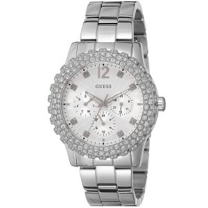 Montre femme Guess Dazzler 40 mm réf. W0335L1, cadran argenté, bracelet acier – vue de trois-quarts