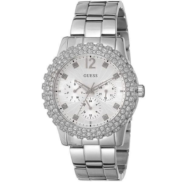 Montre femme Guess Dazzler 40 mm réf. W0335L1, cadran argenté, bracelet acier – vue de trois-quarts