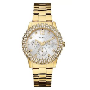 Montre femme Guess Dazzler 40 mm réf. W0335L3, cadran argenté, bracelet acier, mouvement quartz – vue de face | Horlova Maroc