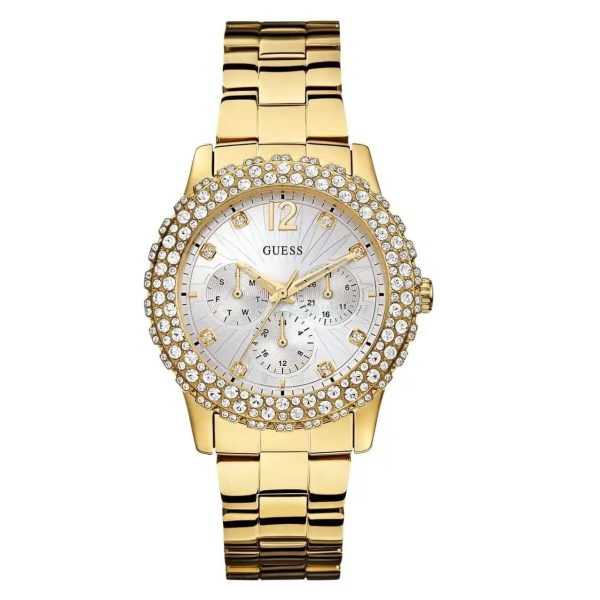 Montre femme Guess Dazzler 40 mm réf. W0335L3, cadran argenté, bracelet acier, mouvement quartz – vue de face | Horlova Maroc