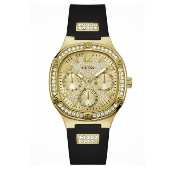 Montre femme Guess Duchess 40 mm réf. GW0619L2, cadran doré, bracelet silicone, mouvement quartz – vue de face | Horlova Maroc