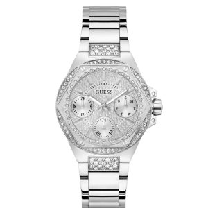 Montre femme Guess Envy 38 mm réf. GW0878L1, cadran argenté, bracelet acier, mouvement quartz – vue de face | Horlova Maroc