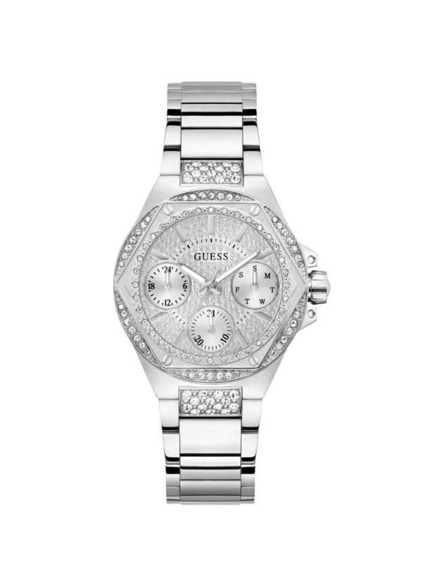 Montre femme Guess Envy 38 mm réf. GW0878L1, cadran argenté, bracelet acier, mouvement quartz – vue de face | Horlova Maroc