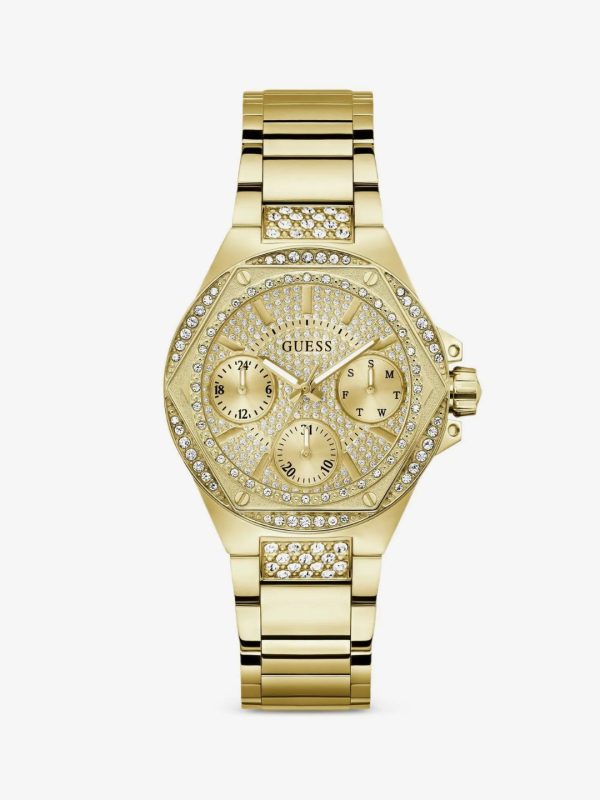 Montre femme Guess Envy 38 mm réf. GW0878L2, cadran doré, bracelet acier, mouvement quartz chronographe – vue de face | Horlova Maroc