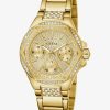 Montre femme Guess Envy 38 mm réf. GW0878L2, cadran doré, bracelet acier – vue de trois-quarts