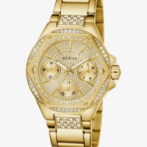 Montre femme Guess Envy 38 mm réf. GW0878L2, cadran doré, bracelet acier – vue de trois-quarts