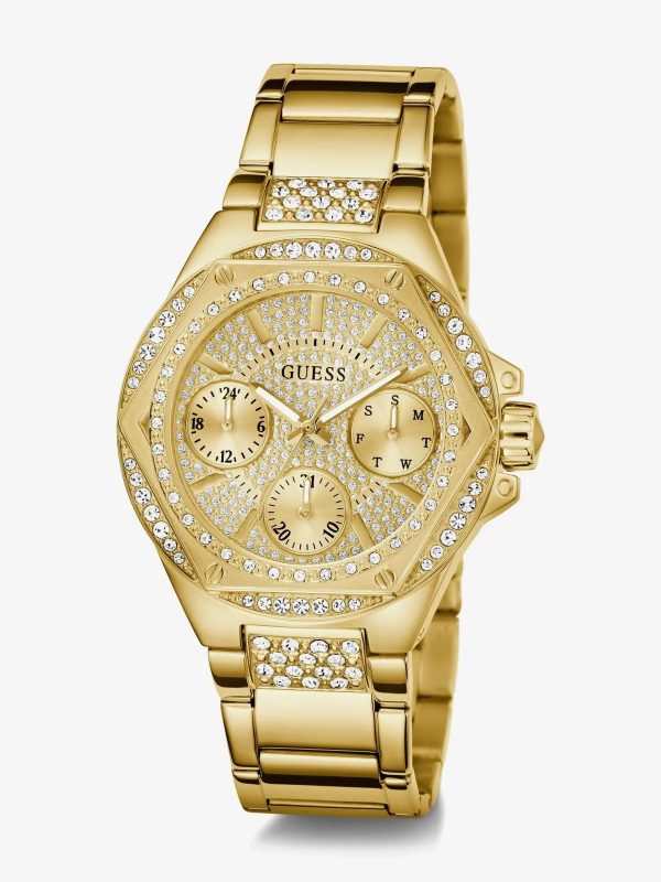 Montre femme Guess Envy 38 mm réf. GW0878L2, cadran doré, bracelet acier – vue de trois-quarts