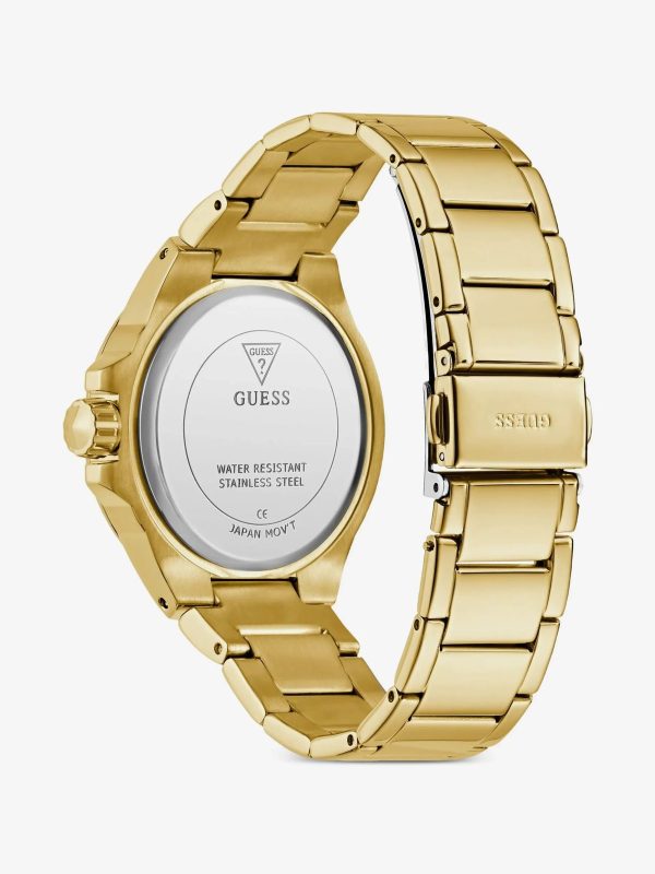 Montre femme Guess Envy 38 mm réf. GW0878L2, cadran doré, bracelet acier, mouvement quartz chronographe – autre angle